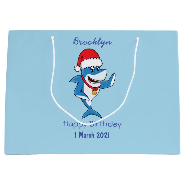 Funny Christmas shark cartoon illustration Large Gift Bag (Front)