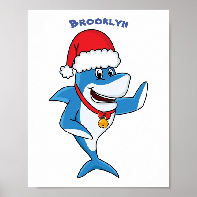 Funny Christmas shark cartoon illustration Poster (Front)