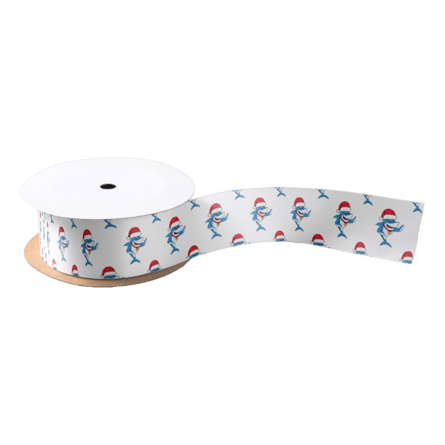 Funny Christmas shark cartoon illustration Satin Ribbon (Spool)