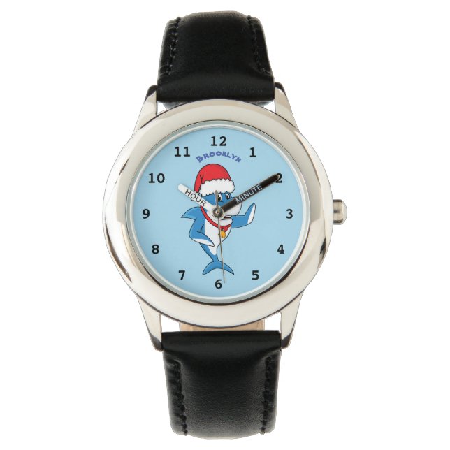 Funny Christmas shark cartoon illustration Watch (Front)