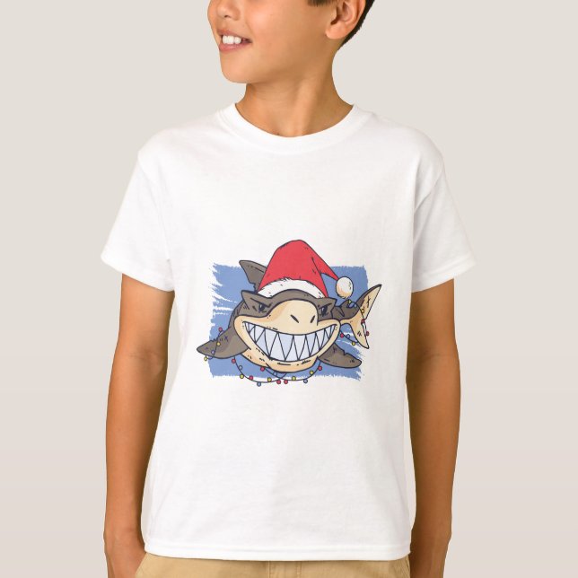 Funny Christmas SHARK Cartoon Teen Boy Girl Kids T-Shirt (Front)