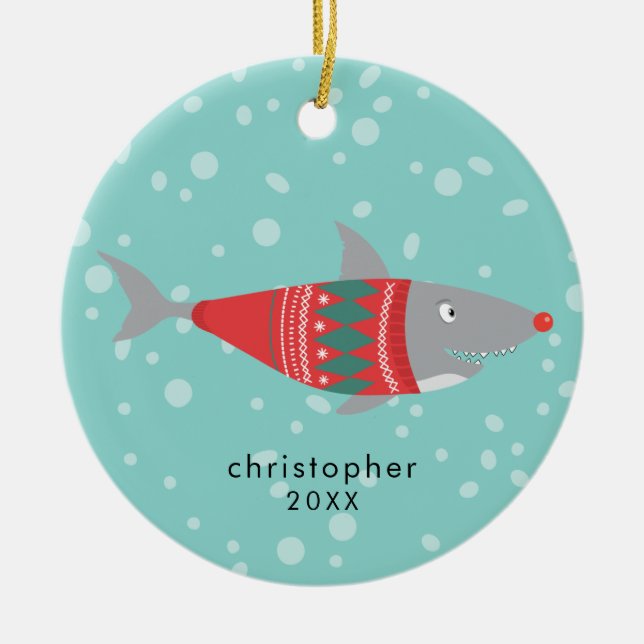 Funny Christmas Shark Ceramic Ornament (Front)