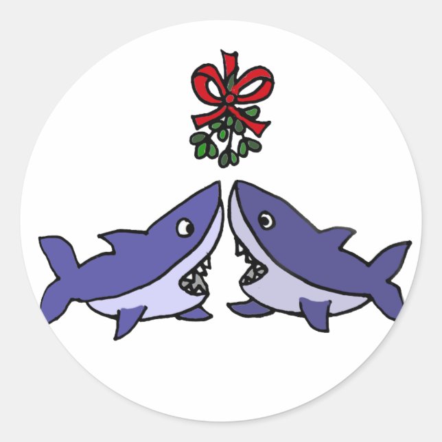 Funny Christmas Shark Mistletoe Love Classic Round Sticker (Front)