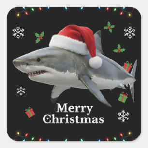 Funny Christmas Shark Santa Hat Realistic Holiday Square Sticker