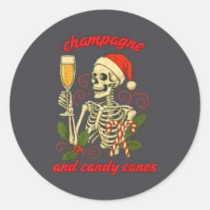 Funny Christmas Skeleton Champagne And Candy Canes Classic Round Sticker