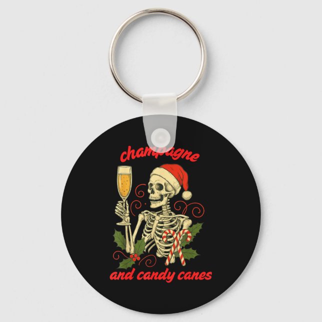 Funny Christmas Skeleton Champagne And Candy Canes Key Ring (Front)