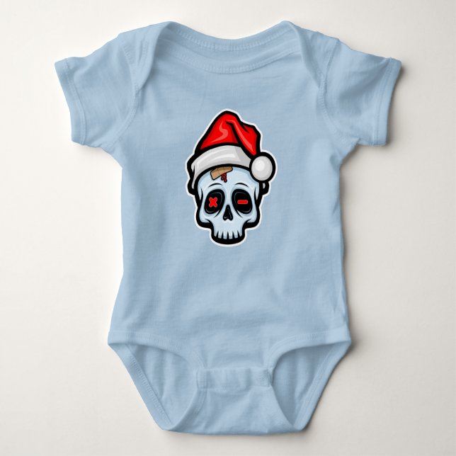 Funny Christmas Skull, Cartoon Style Baby Bodysuit (Front)
