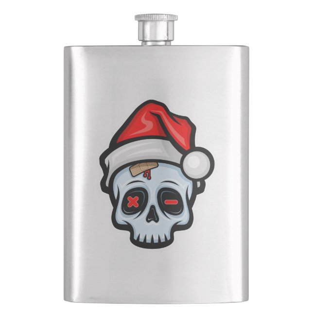 Funny Christmas Skull, Cartoon Style Hip Flask (Front)