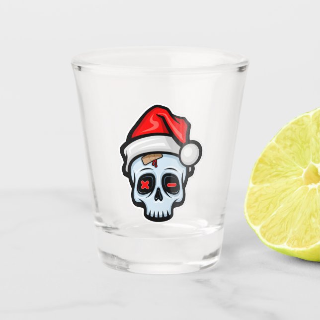 Funny Christmas Skull, Cartoon Style Shot Glass (Front)