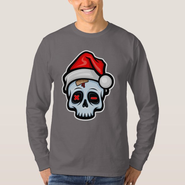 Funny Christmas Skull, Cartoon Style T-Shirt (Front)