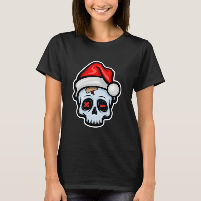 Funny Christmas Skull, Cartoon Style T-Shirt (Front)