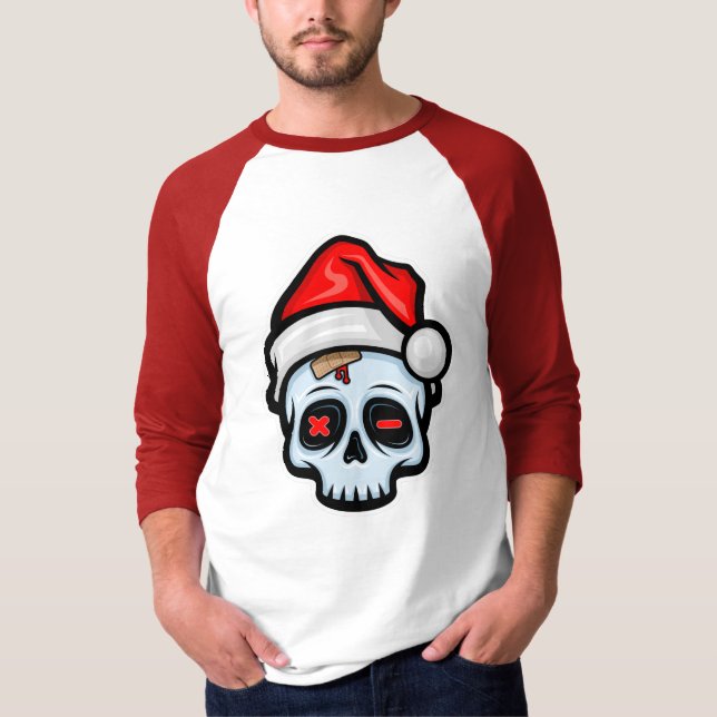 Funny Christmas Skull, Cartoon Style T-Shirt (Front)