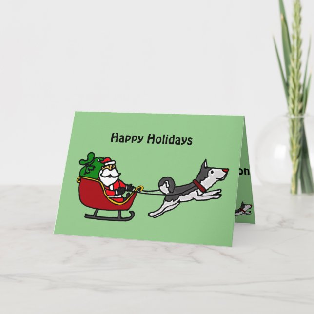 Funny Christmas Sleigh with Husky Dog Pulling Holiday Card (Front)