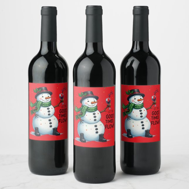 Funny Christmas snowman good times drinking party Wine Label (Bottles)