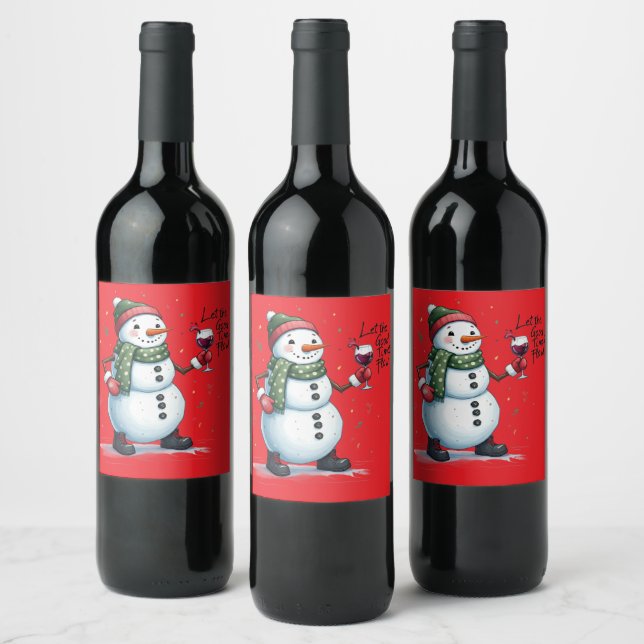 Funny Christmas snowman good times roll drinking  Wine Label (Bottles)