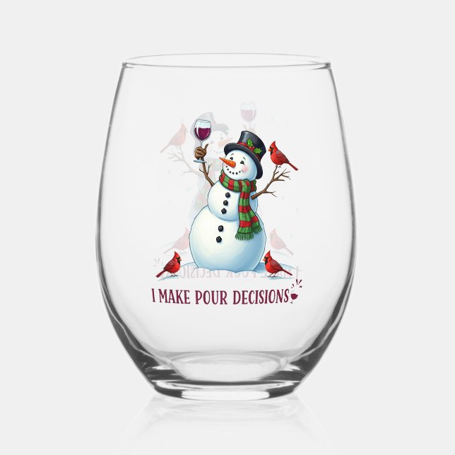 Funny Christmas snowman Holiday  Stemless Wine Glass (Front)