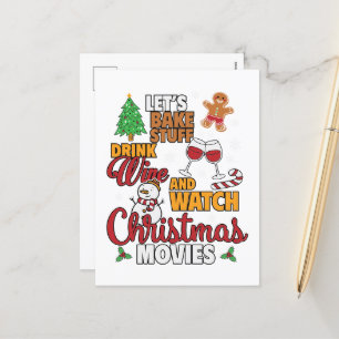 Funny Christmas snowman wine Movie baking Holiday Postcard