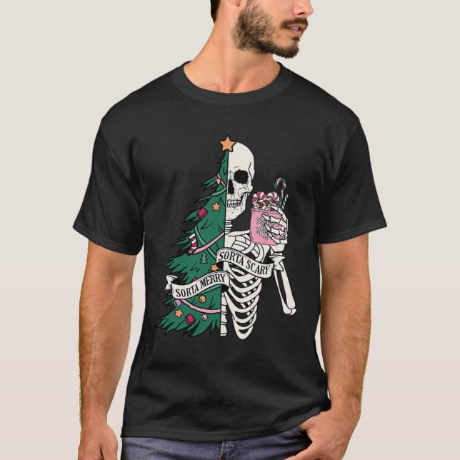 Funny Christmas Sorta Merry Sorta Scary Skeleton X T-Shirt (Front)