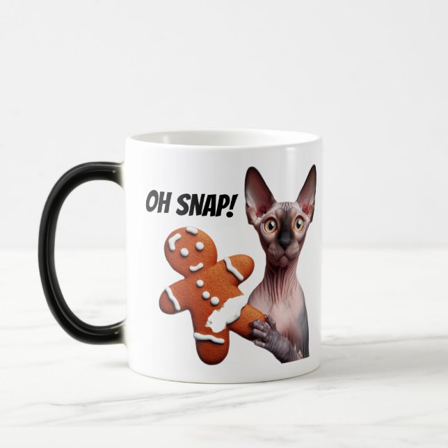 Funny Christmas Sphynx Cat Gingerbread Man Oh Snap Magic Mug (Left)