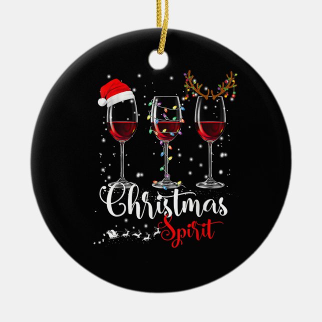 Funny Christmas Spirits Glasses Of Wine Xmas  Ceramic Tree Decoration (Front)