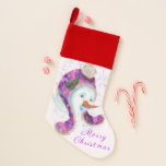 Funny Christmas Stocking Snowman In Purple Hat<br><div class="desc">Christmas Stockings with Happy Snowman In Purple Pink Beanie Winter Hat Fun Christmas Painting Collection - Choose / Add Your Unique Text / Name / Colour - Make Your Special Gift - Resize and move or remove / add elements - image / text with customisation tool. Painting and Design by...</div>