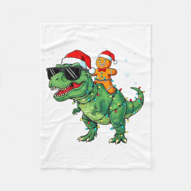 Funny Christmas T Rex Dinosaur Gingerbread Lights  Fleece Blanket (Front)