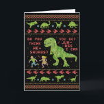 Funny Christmas T Rex Dinosaur Pun Humour Faux Card<br><div class="desc">No one will have a better Ugly Christmas design than this gorgeous pattern covered in dinosaurs. After all, it's millions of years in the making! With a fake embroidered / knitted look, little dinos line the top and bottom, along with footprints and snowflakes. In the centre, two not-so-bright children run...</div>