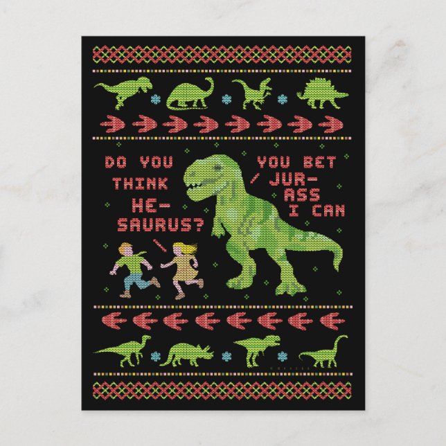 Funny Christmas T Rex Dinosaur Pun Humour Faux Kni Postcard (Front)