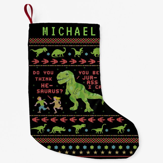 Funny Christmas T Rex Dinosaur Pun Humour Faux Small Christmas Stocking (Front)