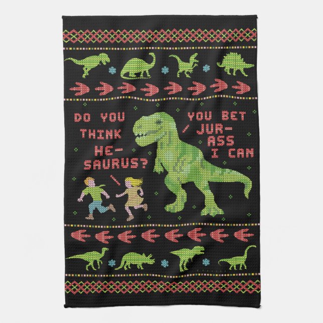Funny Christmas T Rex Dinosaur Pun Humour Faux Tea Towel (Vertical)
