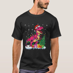 Funny Christmas T Rex Tree Lights Santa Hat Snowfl T-Shirt