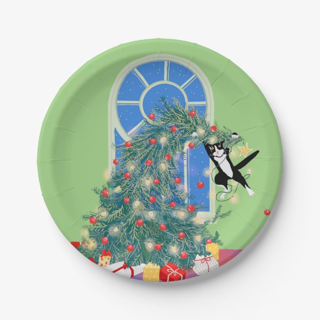 Funny Christmas Tree cat Paper Plate (Front)
