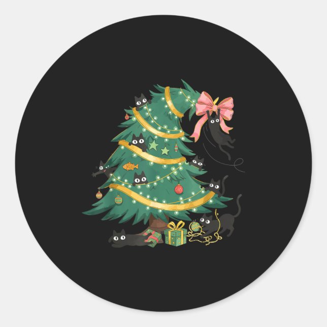 Funny Christmas Tree Cute Black Cat Matching Famil Classic Round Sticker (Front)