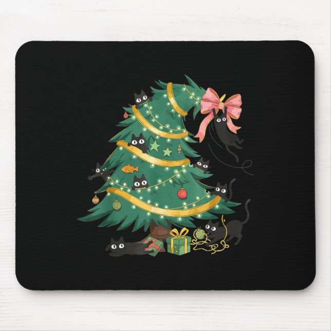 Funny Christmas Tree Cute Black Cat Matching Famil Mouse Pad (Front)
