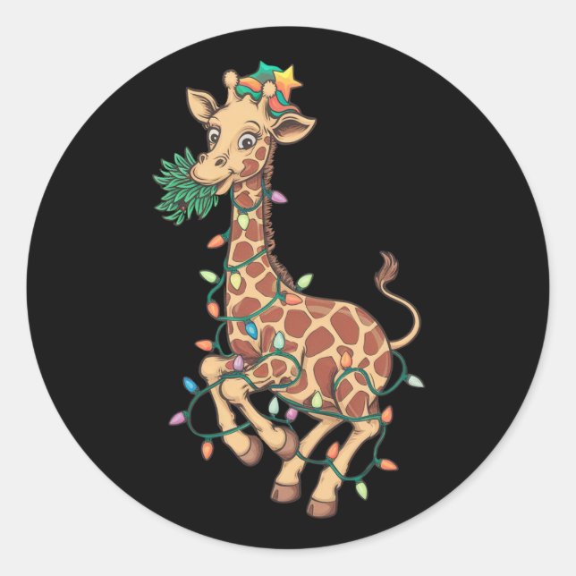 Funny Christmas Tree Giraffe Lover Gift Love  Classic Round Sticker (Front)