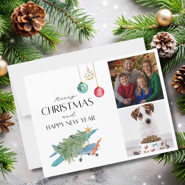 Funny Christmas Tree on Aeroplane 2 Family Photos Postcard (Creator Uploaded)