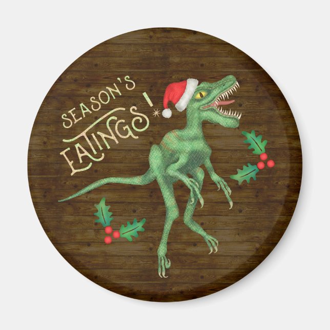 Funny Christmas Velociraptor Dinosaur Eatings Magnet (Front)