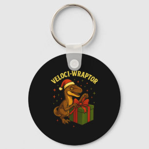 Funny Christmas Velociraptor Pun Veloci-wraptor Key Ring
