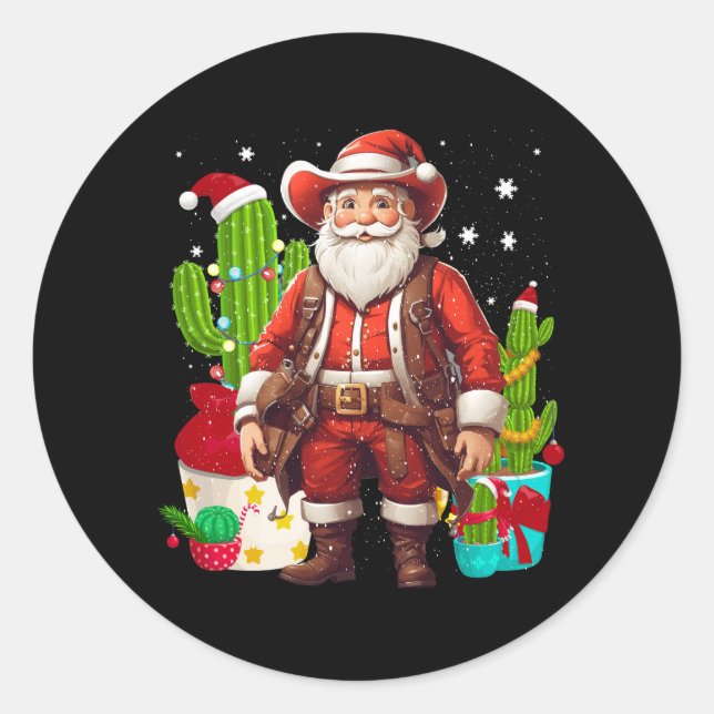 Funny Christmas Western Cowboy Santa Claus And Can Classic Round Sticker (Front)