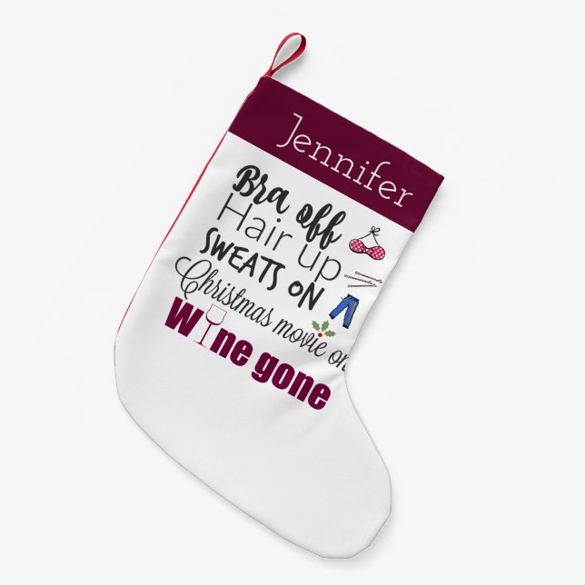 Funny Christmas Wine Gone Bra Off Personalized Small Christmas Stocking (Front (Hanging))
