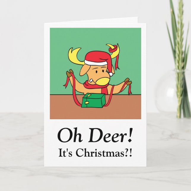 Funny Christmas with Messy Reindeer in Santa Hat Holiday Card (Front)