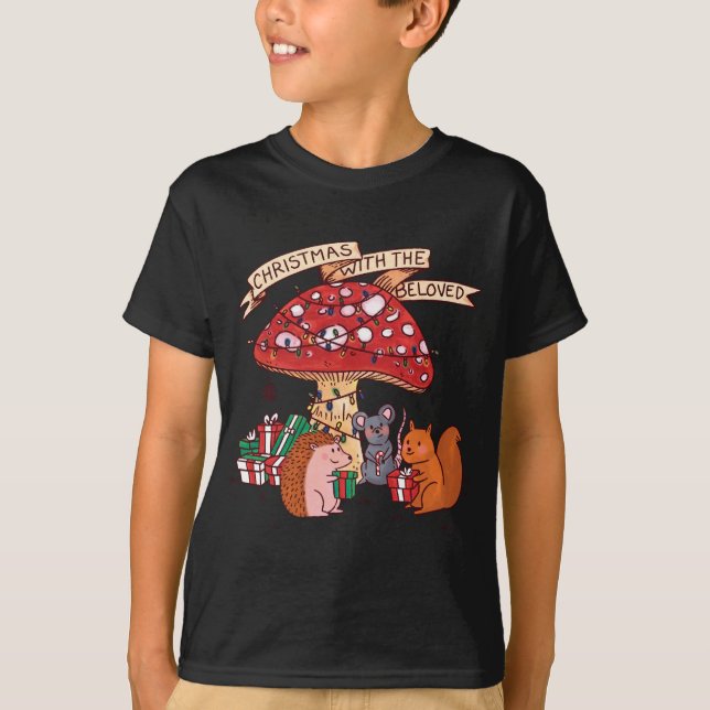 Funny Christmas with Mushroom Squirrel Mouse and M T-Shirt (Front)