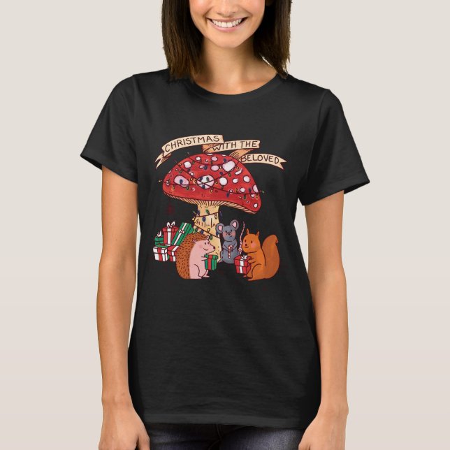 Funny Christmas with Mushroom Squirrel Mouse and M T-Shirt (Front)