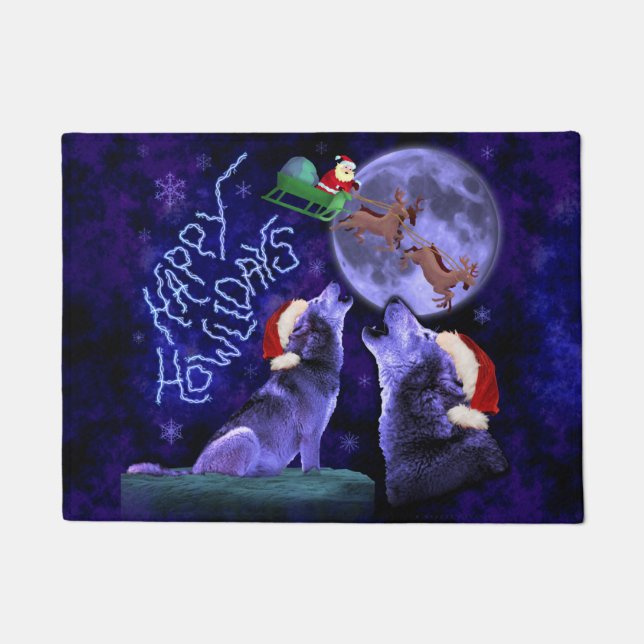 Funny Christmas Wolf Pun Happy Howlidays Doormat (Front)