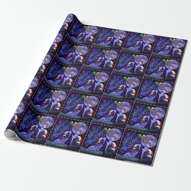 Funny Christmas Wolf Pun Happy Howlidays Humour Wrapping Paper (Unrolled)