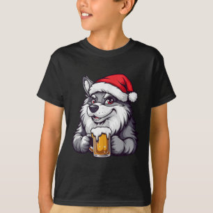 Funny Christmas Wolf With Beer Comic T-Shirt