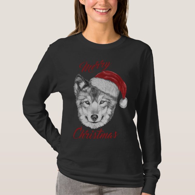 Funny Christmas Wolf With Santa Hat T-Shirt (Front)