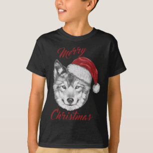 Funny Christmas Wolf With Santa Hat T-Shirt