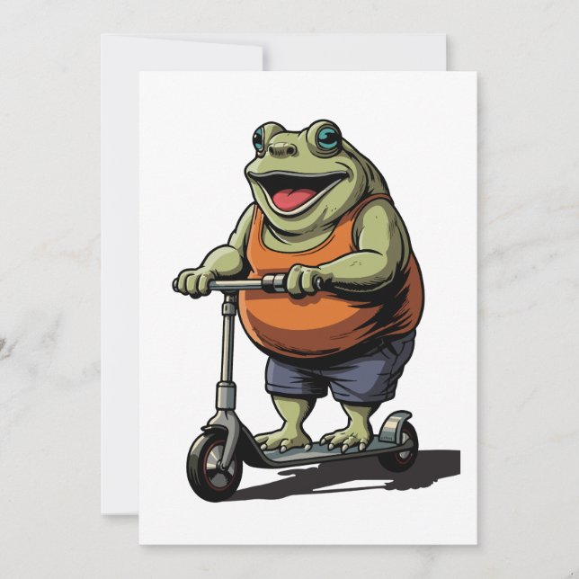 Funny Chubby Frog Riding Scooter Cartoon | Invitation (Front)
