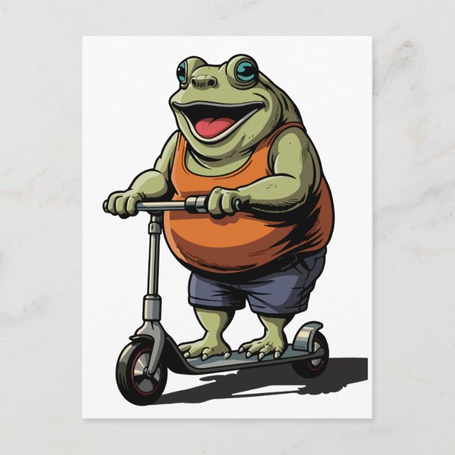 Funny Chubby Frog Riding Scooter Cartoon | Postcard (Front)